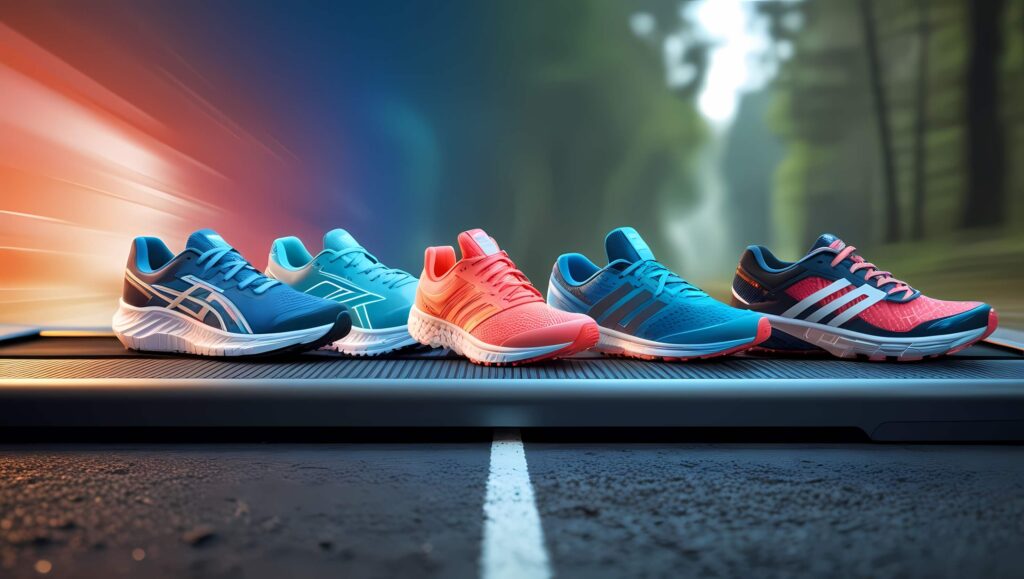 Various running shoes on different terrains—treadmill, pavement, and trails—showcasing the best options for all runners, from beginners to pros.