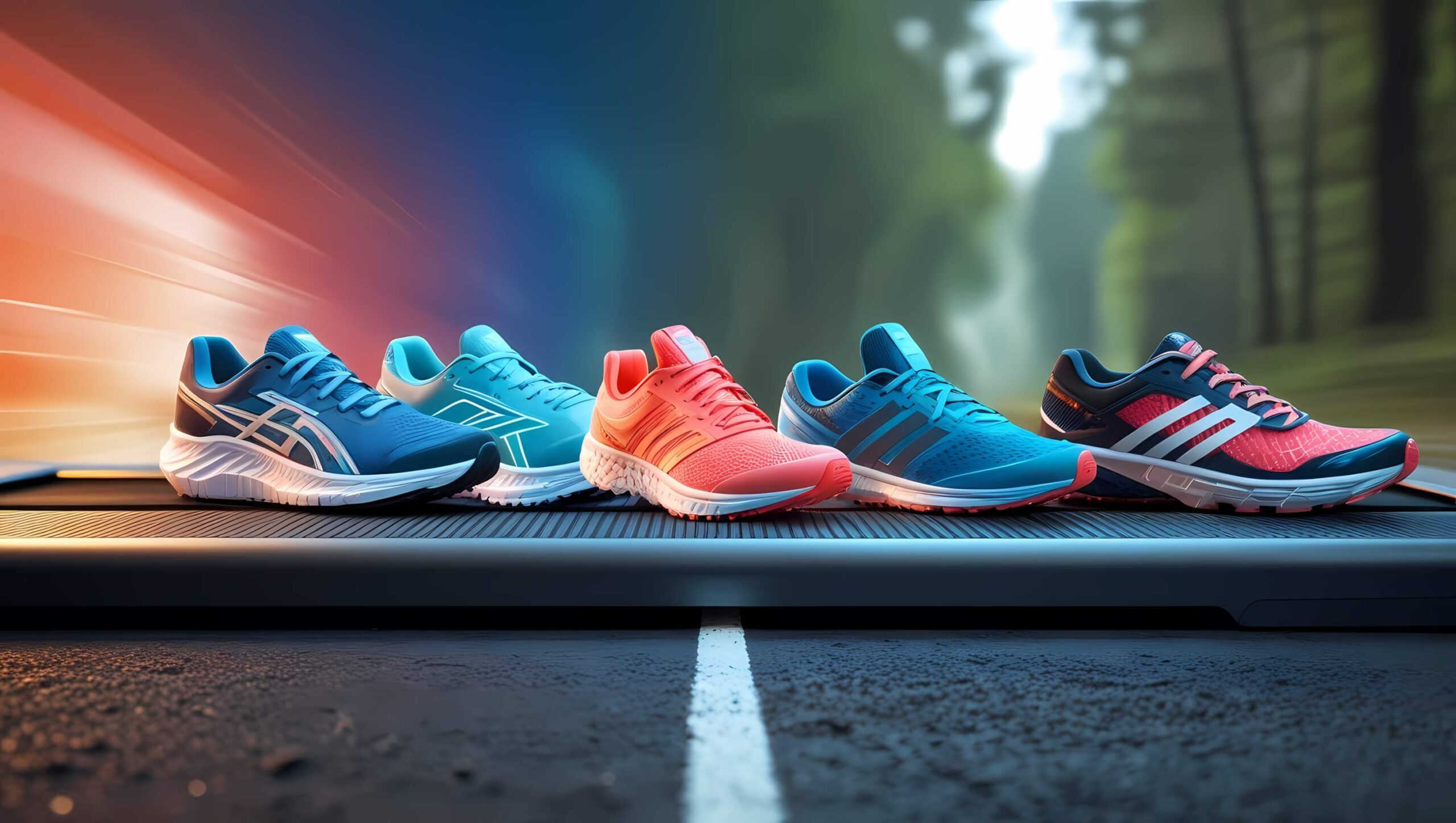 Various running shoes on different terrains—treadmill, pavement, and trails—showcasing the best options for all runners, from beginners to pros.
